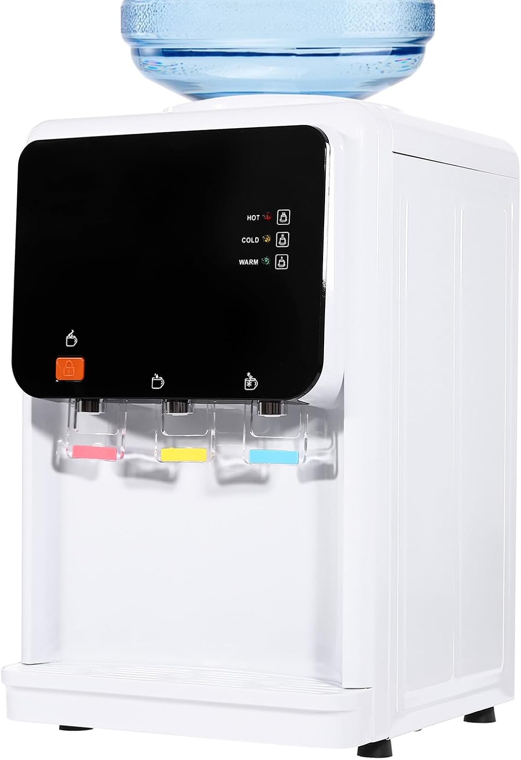 Countertop Hot and Cold Water Cooler Dispenser 575W Top Loading Tabletop Water Cooler Dispenser with 3 Water Outlets, Detachable Bucket Seat & Drip Tray, Safety Lock for 1.2-5 Gallon Bottle