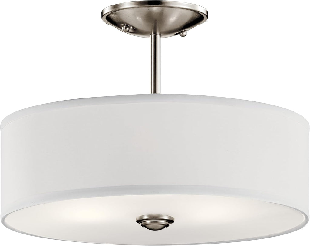 Kichler Shailene 14' 3-Light Semi Flush Mount Ceiling Light Fixture with Satin Etched White Diffuser and White Microfiber Shade in Brushed Nickel for Bathroom or Bedroom, 43675NI