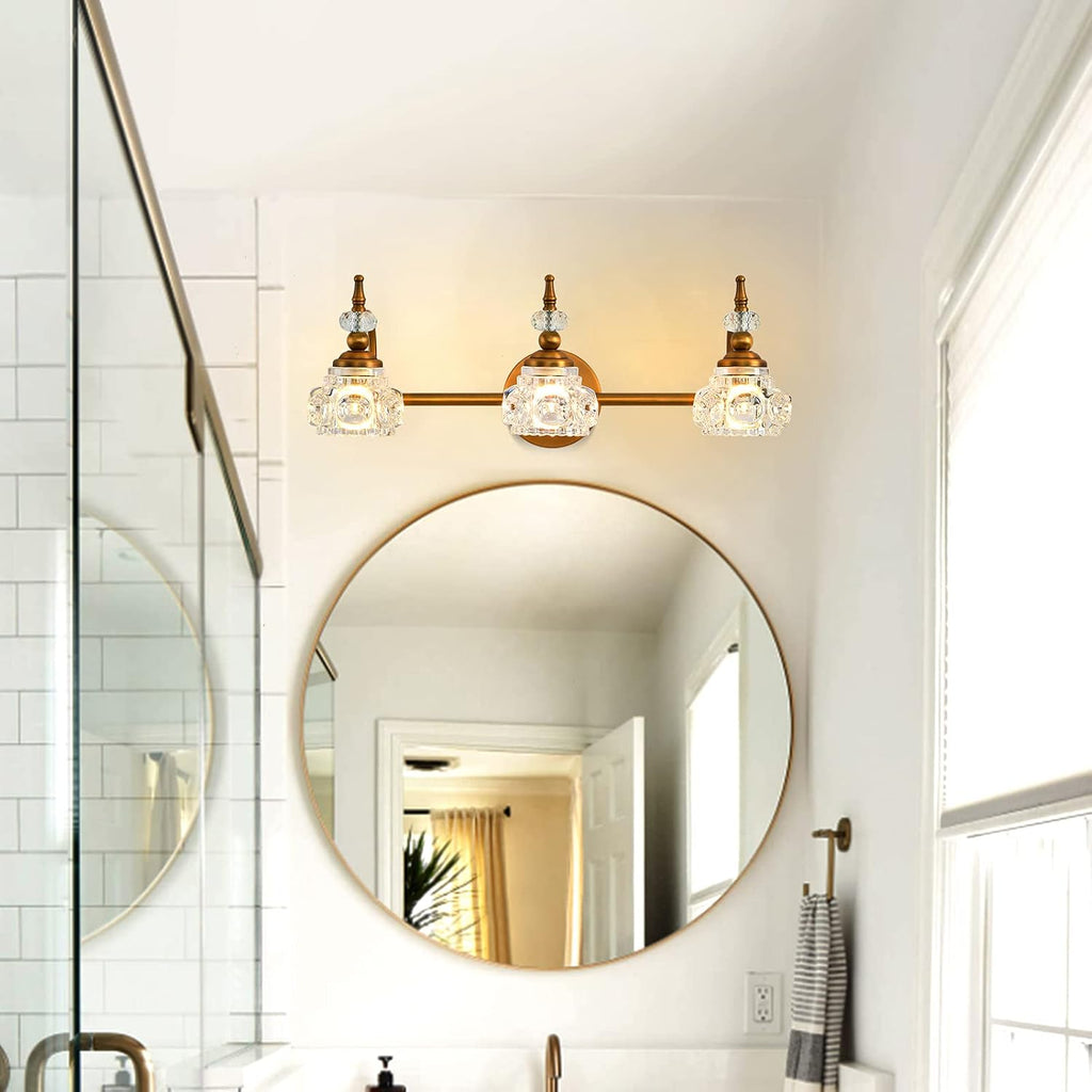 WJShome Vintage Bathroom Vanity Light Fixture, 3 Lights Bathroom Lighting Matte Brushed Antique Brass Finish with Crystal Glass Shade, Vintage Vanity Light for Bathrooms