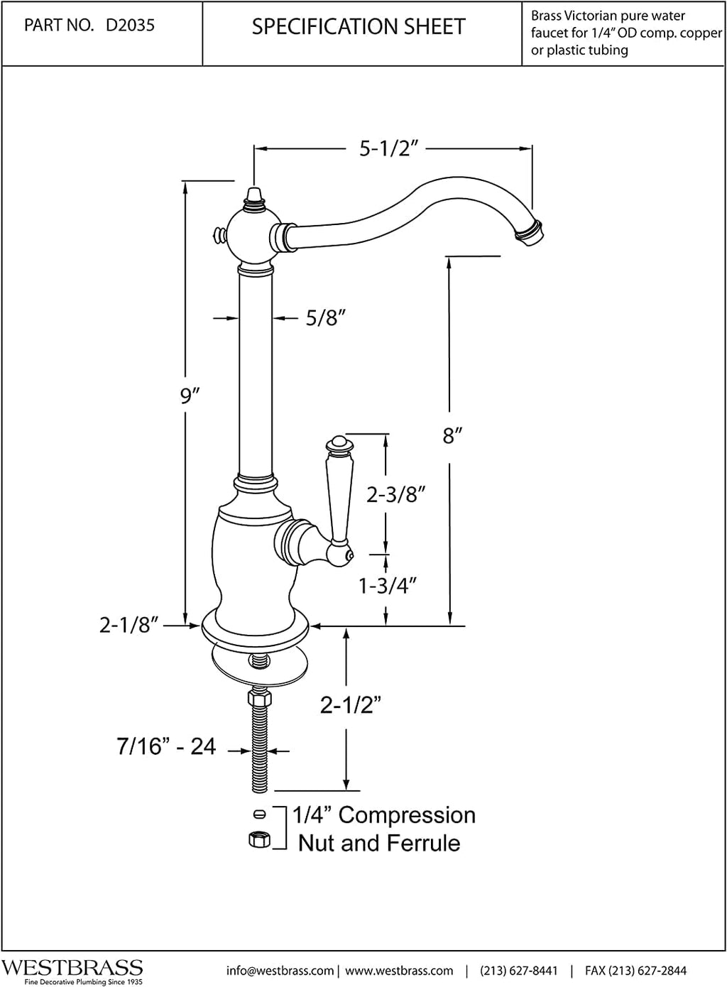 Westbrass D2035-NL-20 9' Victorian 1-Lever Handle Cold Water Dispenser Faucet, Stainless Steel