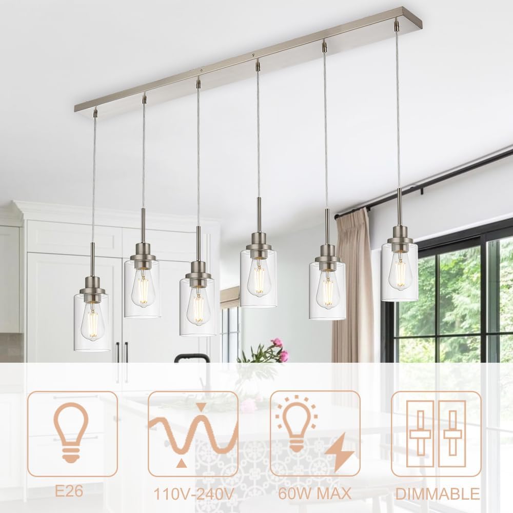 6-Lights Pendant Lighting for Kitchen Island in Brushed Nickel, Ceiling Light Fixtures with Adjustable Hanging Wire & Clear Glass Shades