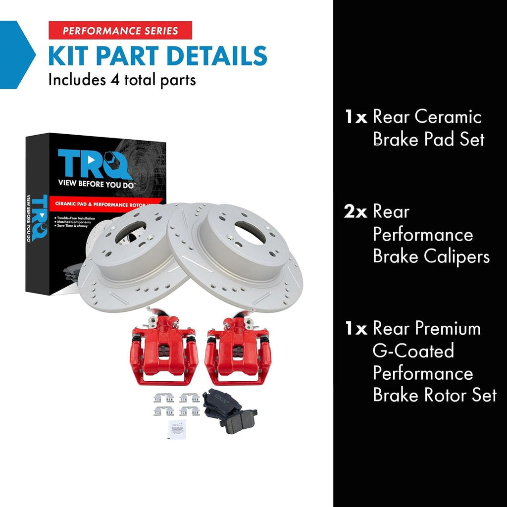 TRQ Performance Rear Brake Pad and Rotor Set Ceramic Coated Drilled Slotted Vented Rotors Calipers Red Compatible with 2009-2014 Acura TSX 2008-2012 Honda Accord