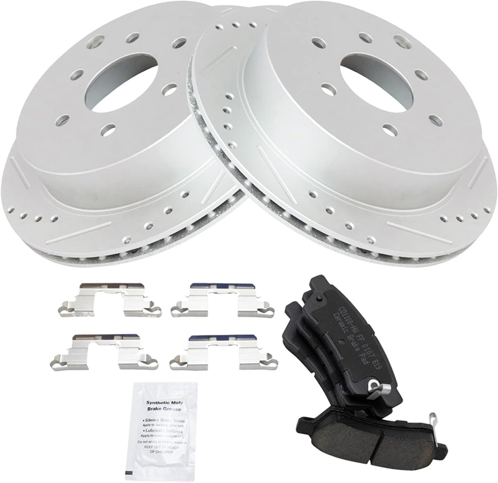 TRQ Performance Rear Brake Pad and Rotor Set Ceramic Drilled Slotted G Coated Rotors Compatible with 2005-2019 Nissan Frontier 2005-2015 Xterra 2009-2012 Suzuki Equator