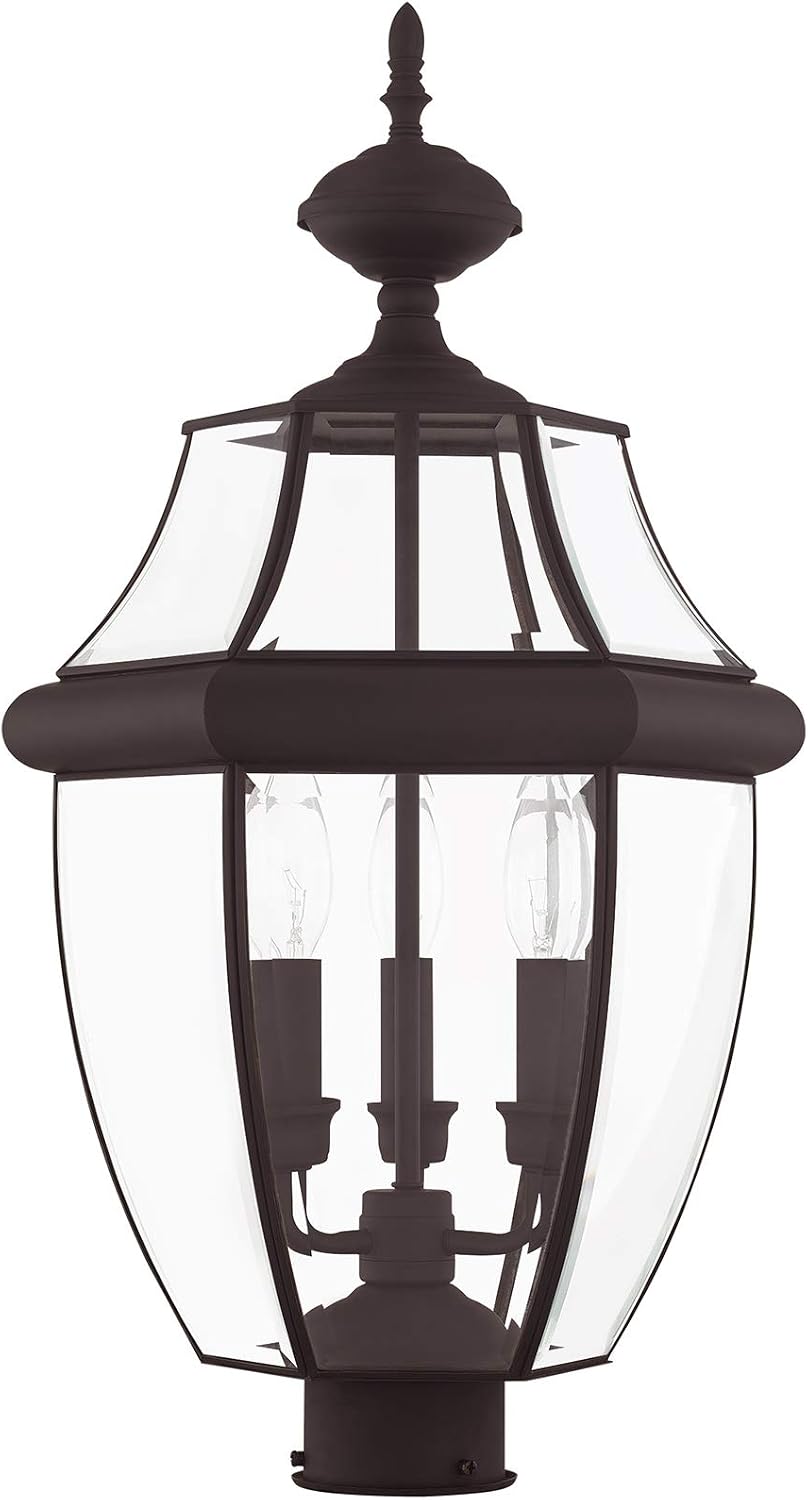 Livex Lighting 2354-07 Monterey 3 Light Outdoor Bronze Finish Solid Brass Post Head with Clear Beveled Glass