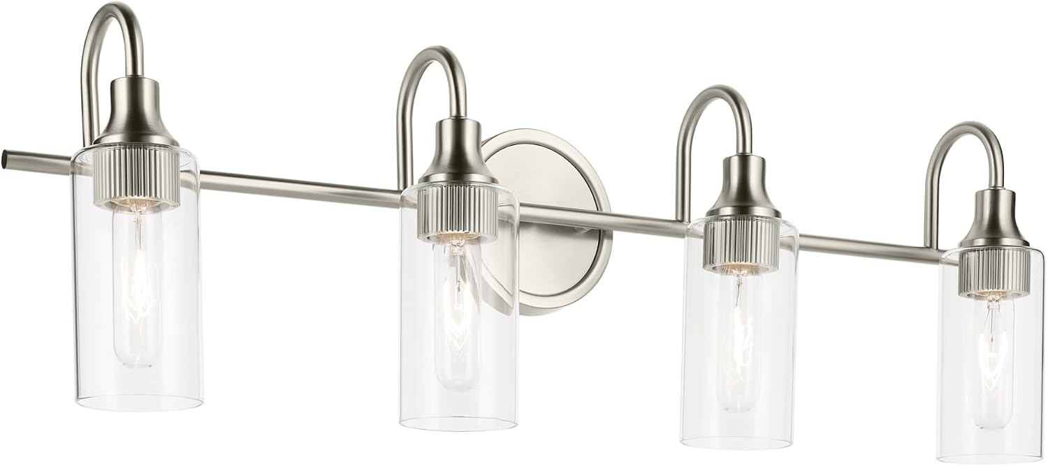 Kichler Kavi 31.5' 4-Light Bathroom Vanity Light Fixture with Clear Glass in Brushed Nickel, Damp Rated Modern Wall Mount for Powder Room Over Mirror (31.5' W x 10' H), 55212NI
