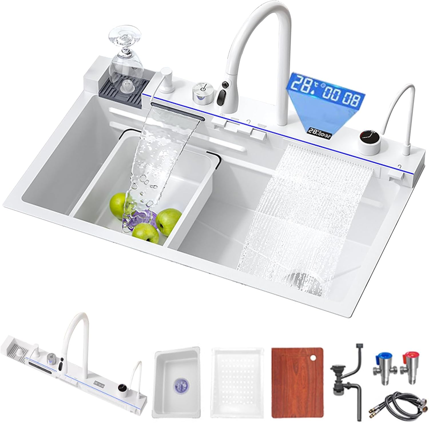 Double Waterfall Sink with LED Display, Cup Washer, Soap Dispenser, Worktop Controller, etc. (White, 31.5 * 18.1 * 8.7 IN)