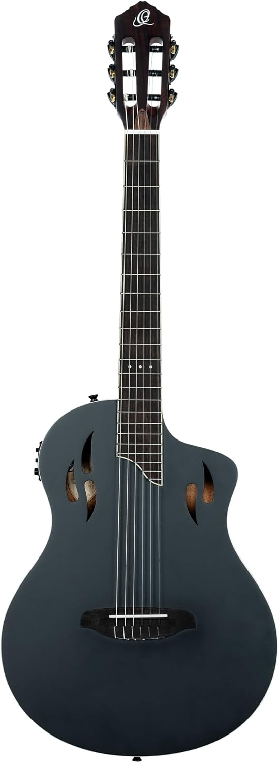 Ortega TourPlayer Standard Thinline Crossover Nylon-String Electric Guitar w/Pro gig bag, Satin Black (RTPSTD-SBK)