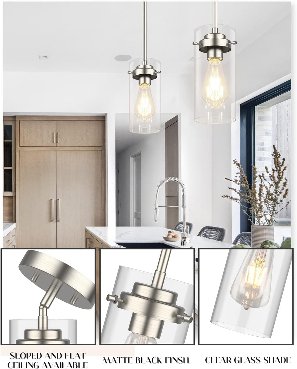 EAPUDUN Pendant Lights Kitchen Island (3 Pack), Clear Glass Shade Kitchen Lighting fixtures Ceiling Hanging, Brushed Nickel Light for Kitchen Island,Dining Room,Corridor Bedroom E26 Base