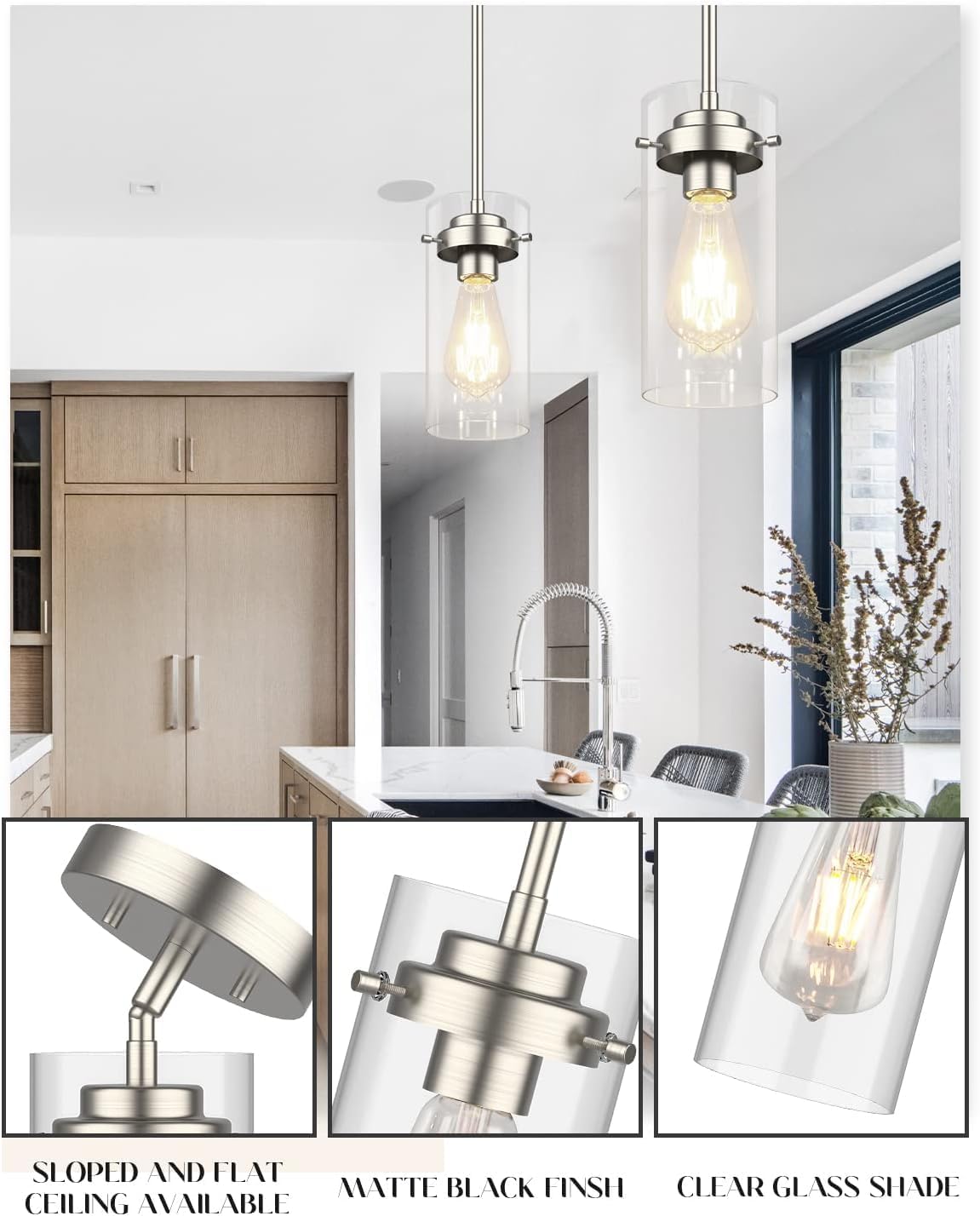 EAPUDUN Pendant Lights Kitchen Island (3 Pack), Clear Glass Shade Kitchen Lighting fixtures Ceiling Hanging, Brushed Nickel Light for Kitchen Island,Dining Room,Corridor Bedroom E26 Base