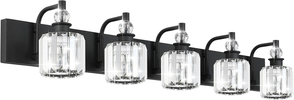 Ralbay Crystal Black Vanity Light Fixtures 5 Light Crystal Bathroom Light Fixtures Over Long Mirror Modern Matte Black Bath Wall Lights