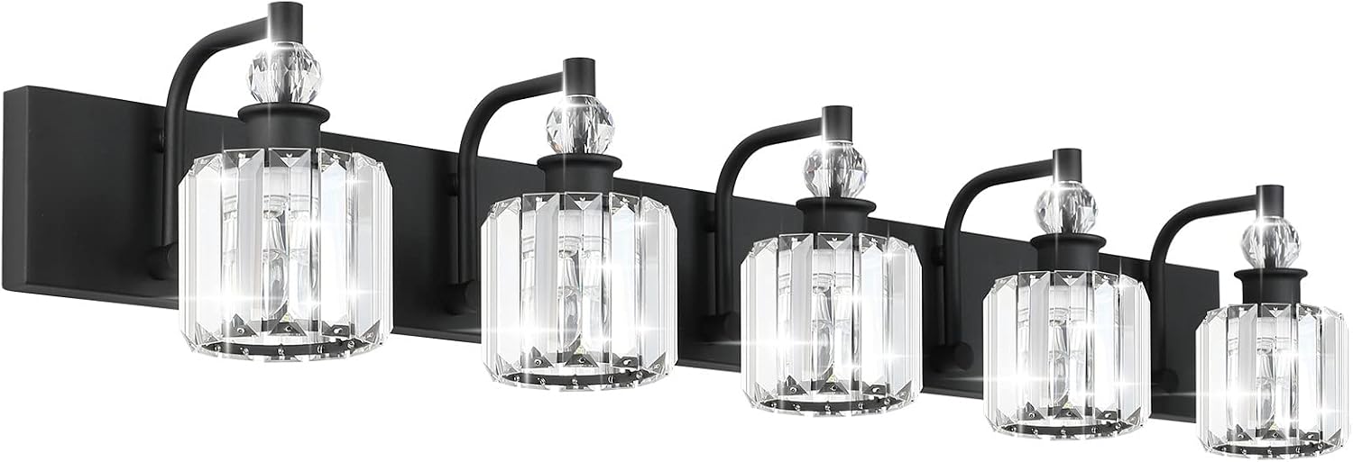 Ralbay Crystal Black Vanity Light Fixtures 5 Light Crystal Bathroom Light Fixtures Over Long Mirror Modern Matte Black Bath Wall Lights