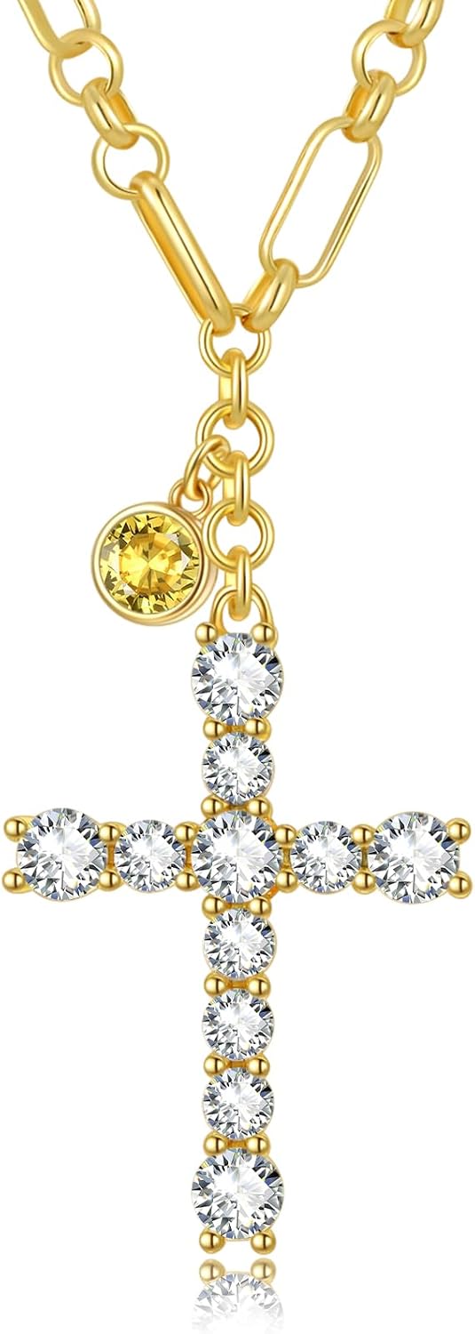 Cross Necklace for Women 14K Gold Birthstone Anniversary Birthday Gift for Wife Mom Protection Christian Jewelry Adjustable Chain