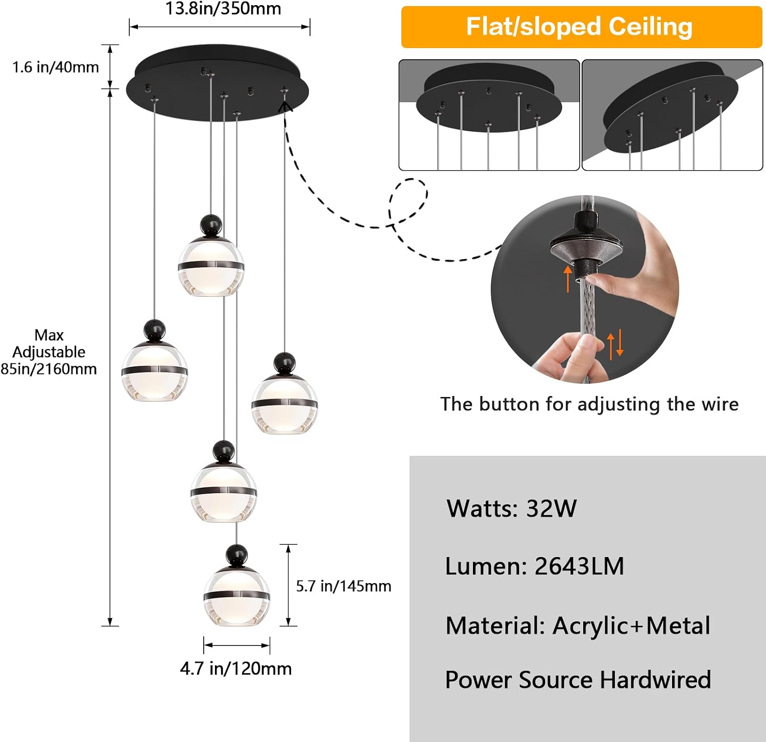 5-Light Black Chandelier, Modern Chandeliers for High Ceilings Globe LED Hanging Light Chandelier for Staircase Foyer Living Room Entryway Dining Room 3000K