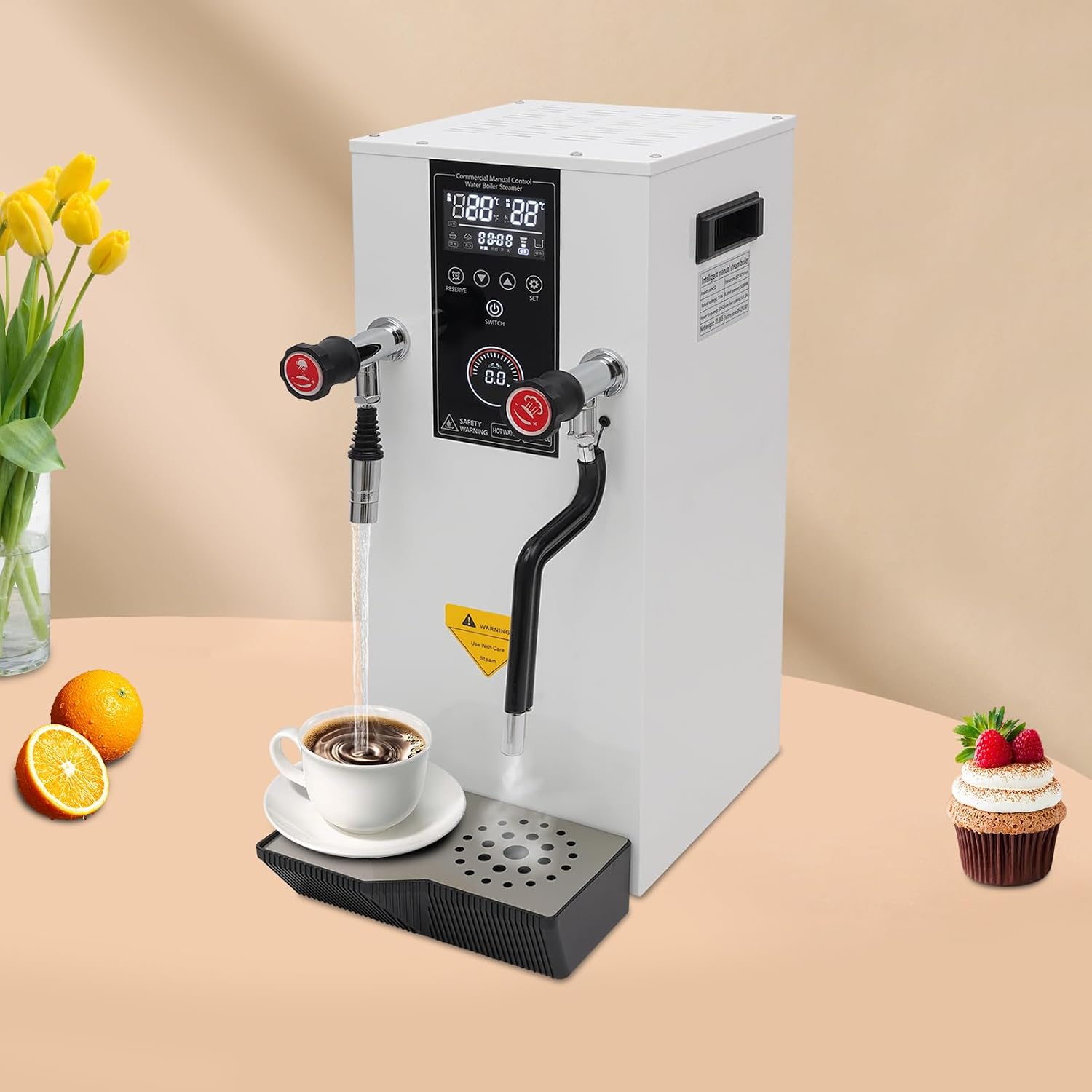 3000W Commercial Hot Water Dispenser Countertop,12L(3.2Gal) Full-Automatic Steam Boiling Water Frothing Machine w/LCD Display Timing for Heat Drink, Extract Tea, Milk Bubbles, Boil Water (White)