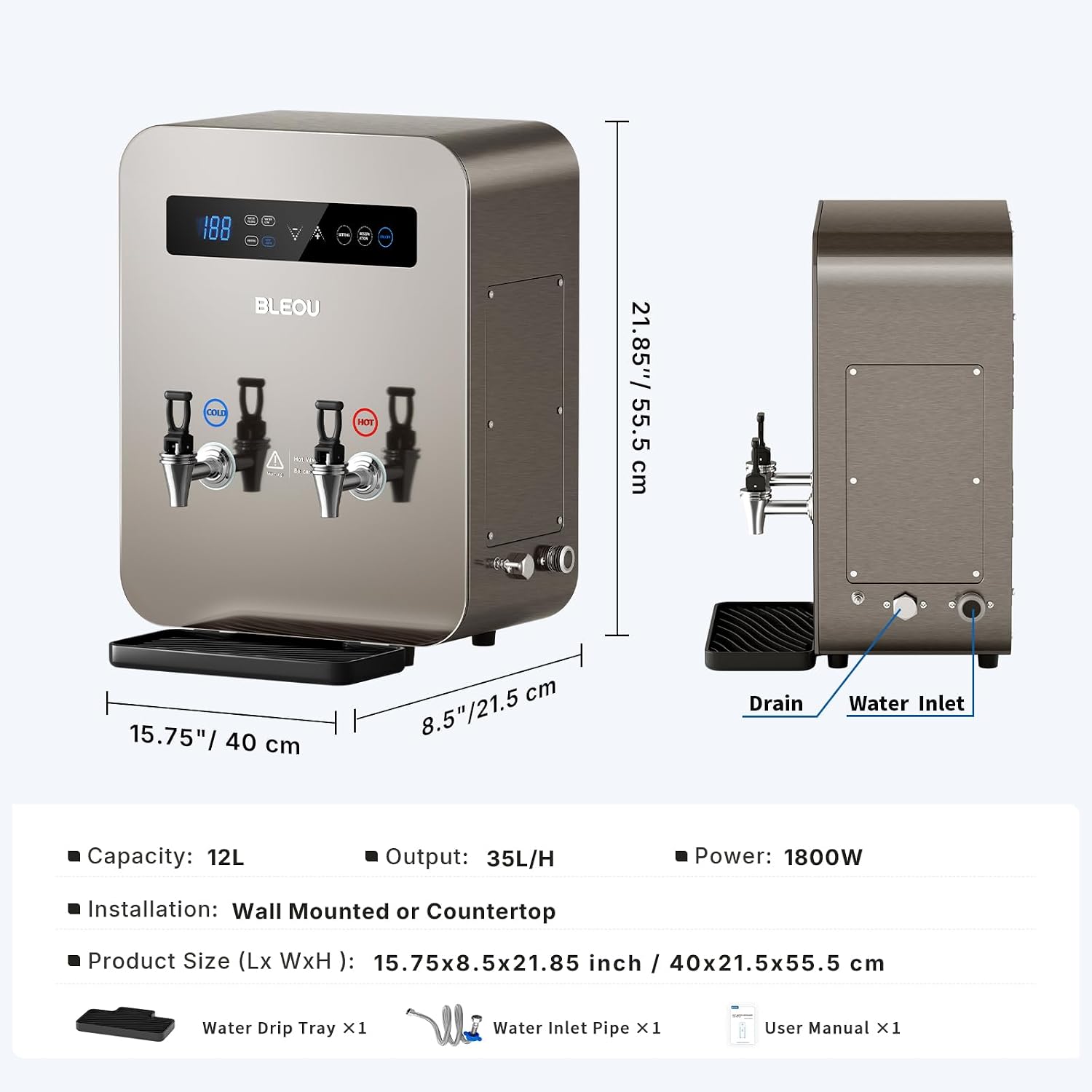 Bleou Commercial Hot Water Dispenser 12L (3.2 Gallon) -1800W Instant Water Boiler with Dual Taps(Hot & Ambient),30L/H High Output,Wall Mount or Countertop for Office,Cafe, Restaurant & Buffet