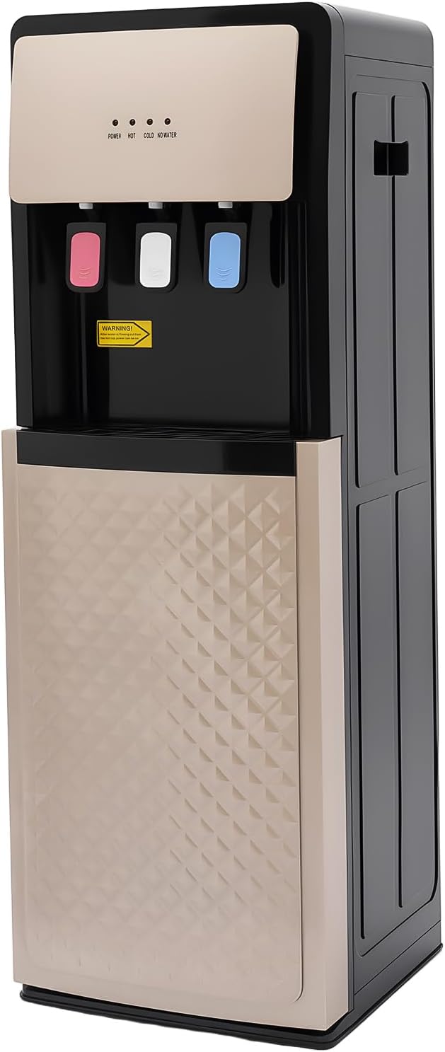 Bottom Loading Water Dispenser，Water Dispenser with 3 Temperatures with Hot, Room & Cold Spouts ，Floor Standing Water Cooler for 3- or 5-Gallon Jug Bottle (Champaign Gold)