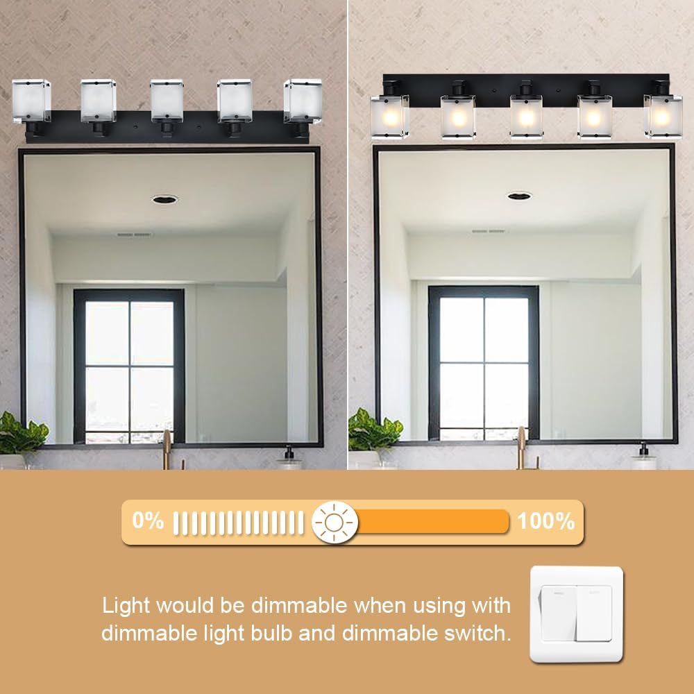 5-Lights Bathroom Light Fixtures, Matte Black Modern Vanity Lights with Rectangular Frosted Glass for Over Mirror Dressing Table, E26 Bulb Base