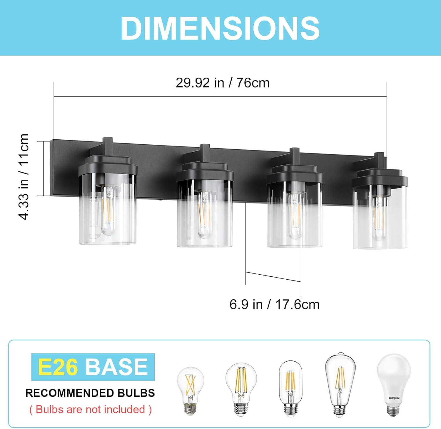 4-Light Vanity Light Fixture, Bathroom Wall Sconces, Bathroom Vanity Lighting Over Mirror | Square Clear Glass Shade | Bulbs Not Included | E26 Socket | Black
