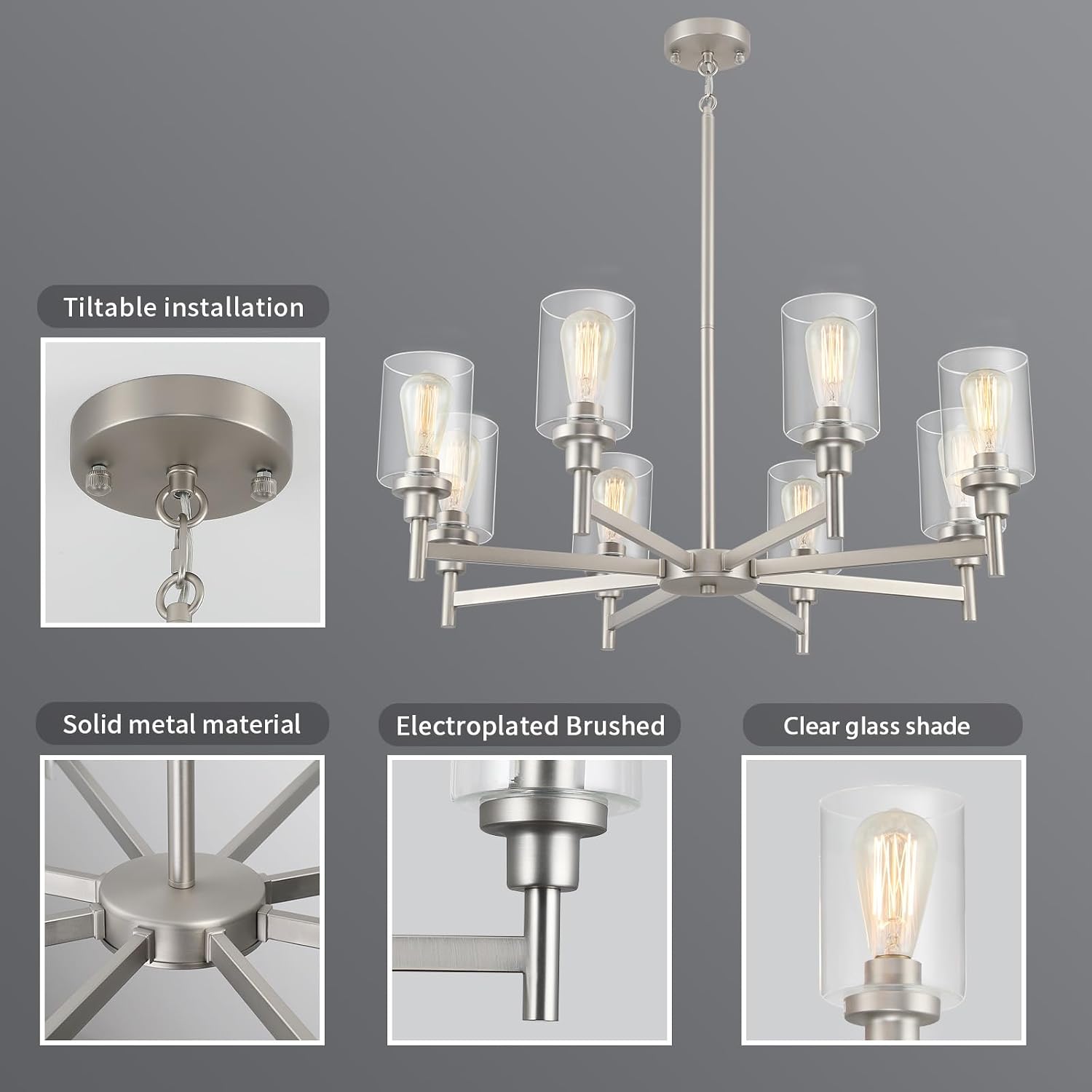Brushed Nickel Chandeliers for Dining Room | 8 Lights Living Room Light Fixture Over Table | Farmhouse Chandelier with Clear Glass Shade | Hallway Lighting for Kitchen Island | Bedroom | Restaurant