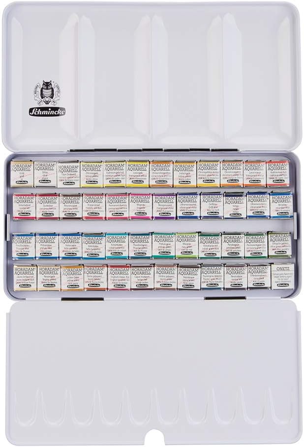 Schmincke - HORADAM® AQUARELL Color Box with 48 Finest Watercolors, 74448097, Black Metal Box, Painting Set, Premium Watercolors, 48 x 1/2 Pans