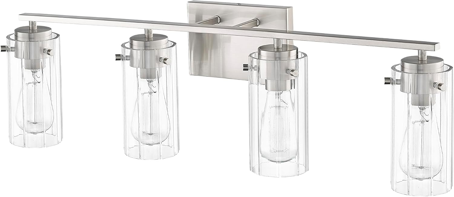 ML Lighting | Serena Collection | 10304-BN | 4 Light Vanity in Brushed Nickel Finish with Clear Ribbed Glass Shade | Versatile Design That adds High-End Texture and Elegance to Your Bathroom