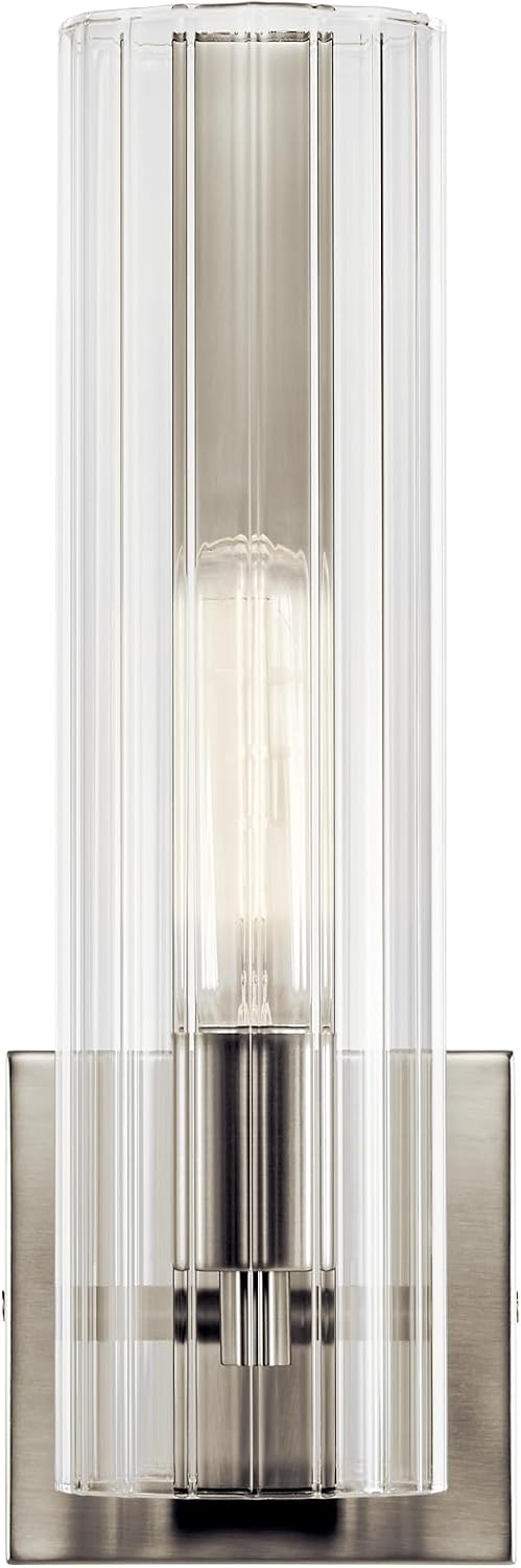 Kichler Jemsa 1 Light Wall Sconce, Modern Light with Clear Fluted Glass in Brushed Nickel for Bathroom, Powder Room, Sides of Fireplace, Down a Hallway, Kitchen, or Bedroom (14' x 4.75'), 55165NI