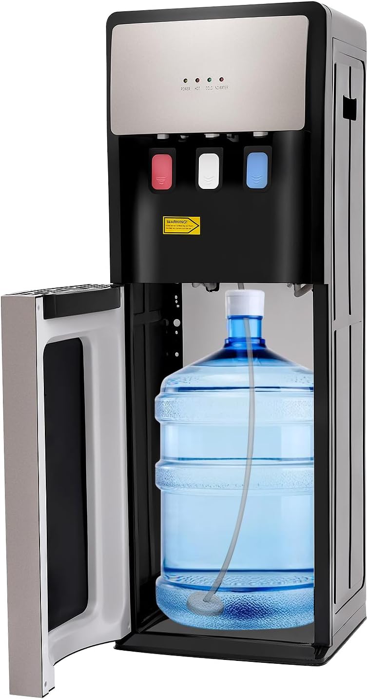 500W Bottom Loading Water Dispenser with 3 Temperature Settings, Hot & Cold Standing Water Dispenser Storage Cabinet Drinking Fountain for Home, Office, Holds 3 or 5 Gallon Bottles (Silver Grey)