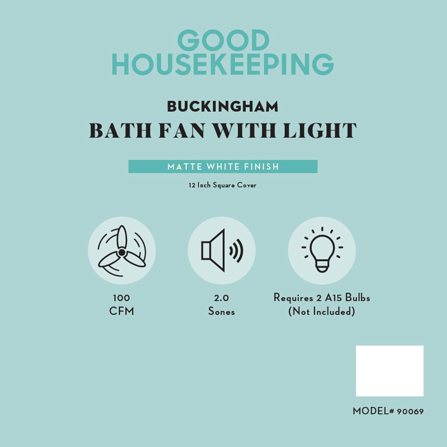 Good Housekeeping (90069) Buckingham 100 CFM 2.0 Sones Decorative Bathroom Ventilation Exhaust Fan with Light & Night-Light in Matte White