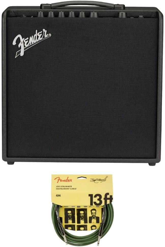 Fender Mustang LT50 Guitar Amplifier Bundle with Fender Joe Strummer Instrument Cable, Straight/Straight, Drab Green, 13ft