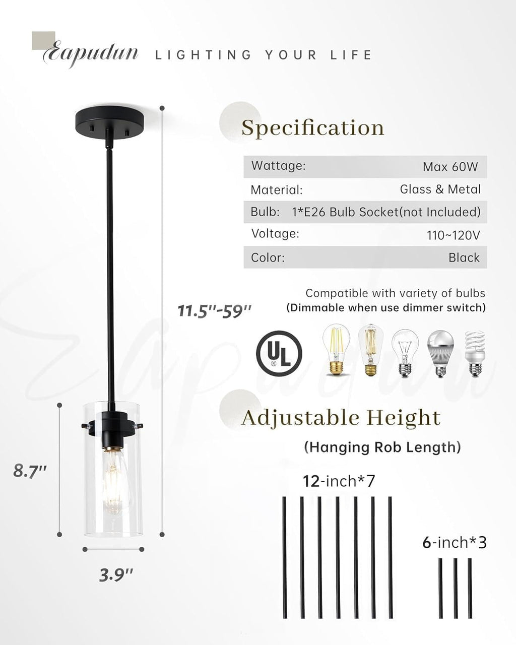 EAPUDUN Pendant Lights Kitchen Island (3 Pack), Clear Glass Shade Kitchen Lighting fixtures Ceiling Hanging, Black Pendant Lights for Kitchen Island,Dining Room,Corridor Bedroom E26 Base