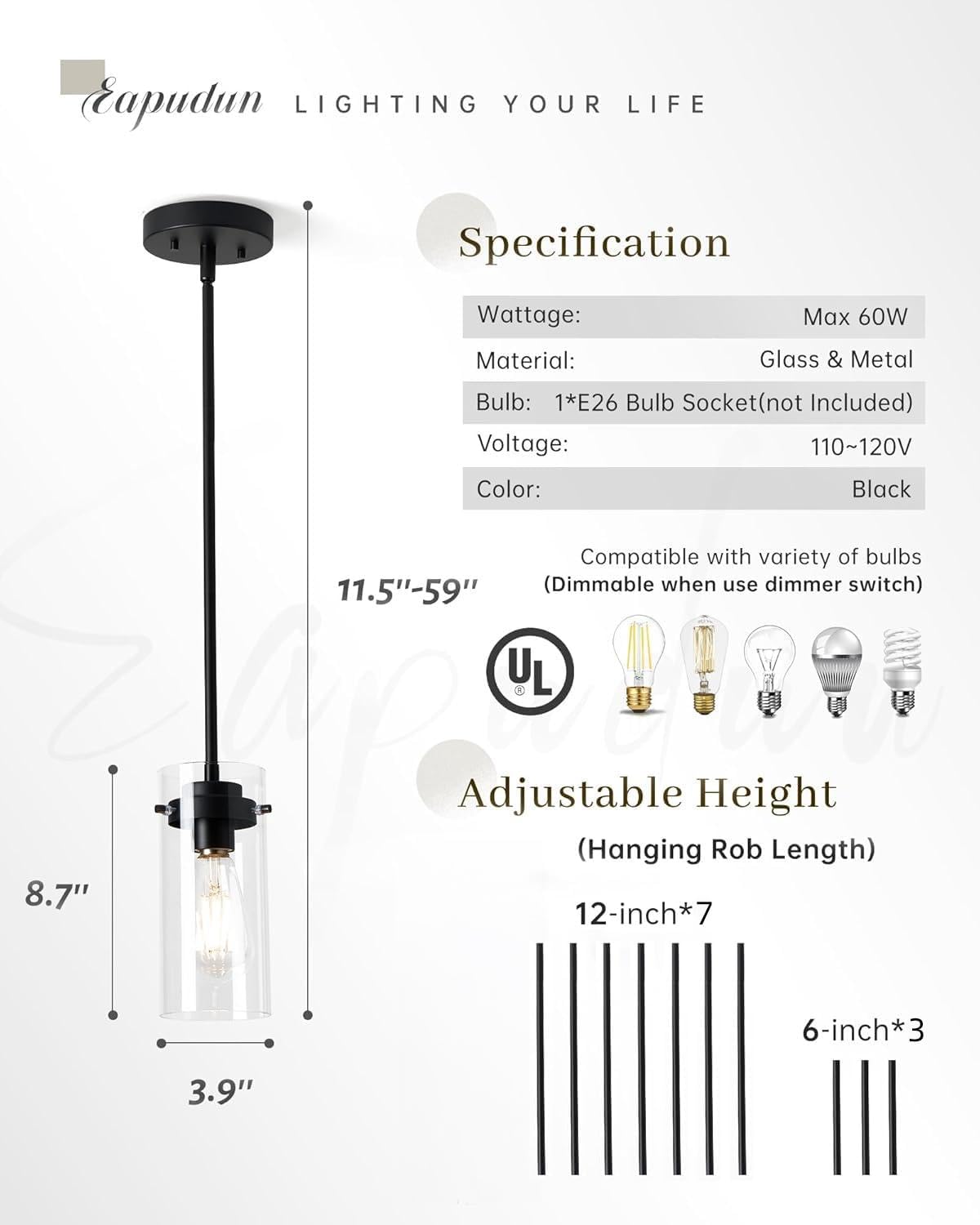 EAPUDUN Pendant Lights Kitchen Island (3 Pack), Clear Glass Shade Kitchen Lighting fixtures Ceiling Hanging, Black Pendant Lights for Kitchen Island,Dining Room,Corridor Bedroom E26 Base