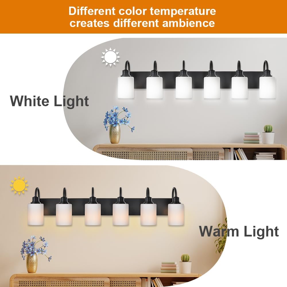6 Light Wall Lighting Fixture in Matte Black Finish,Classic Bathroom Vanity Light with Opal White Glass Shade Modern Wall Lamp Sconces for Hallway Makeup Table