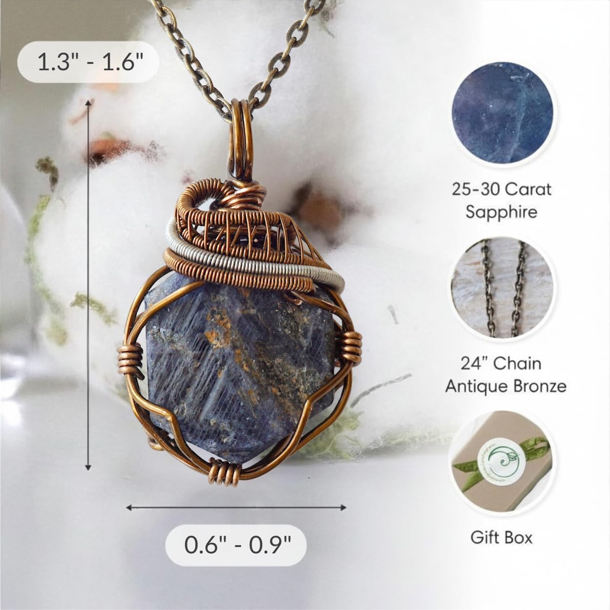 Designs by Nature Gems Handcrafted Raw Gemstone Necklace, Mixed Wire Pendant in Antique Bronze with 24 Inch Chain