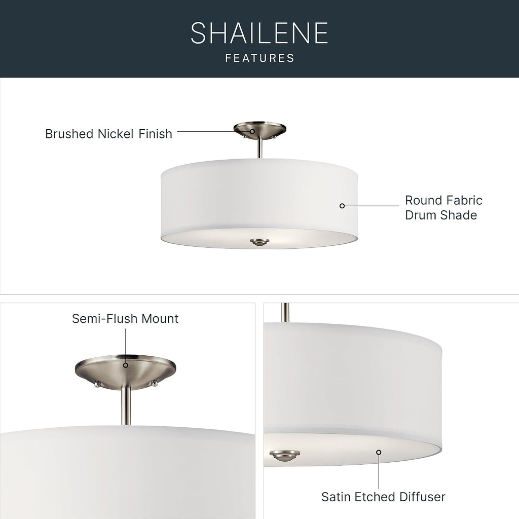 Kichler Shailene 18' Semi Flush Mount Light in Brushed Nickel, 3-Light Round Ceiling Light with Satin Etched White Diffuser, (18' W x 11.25' H), 43692NI