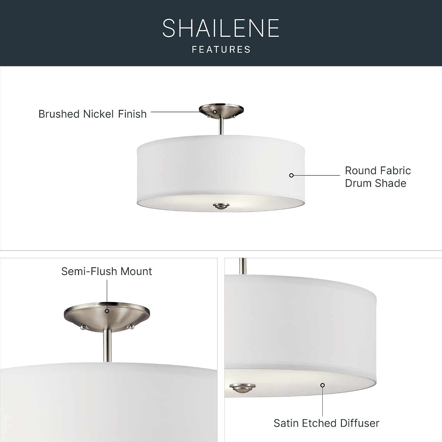 Kichler Shailene 18' Semi Flush Mount Light in Brushed Nickel, 3-Light Round Ceiling Light with Satin Etched White Diffuser, (18' W x 11.25' H), 43692NI
