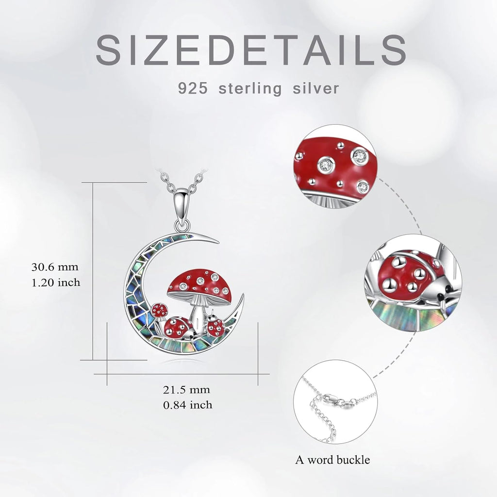 Diamond Moon Mushroom Necklace for Women 925 Sterling Silver Red Mushroom Ladybug Pendant Necklace with Abalone Jewelry Gifts for Mom Wife Sister Friend Christmas Birthday,18+2 inch