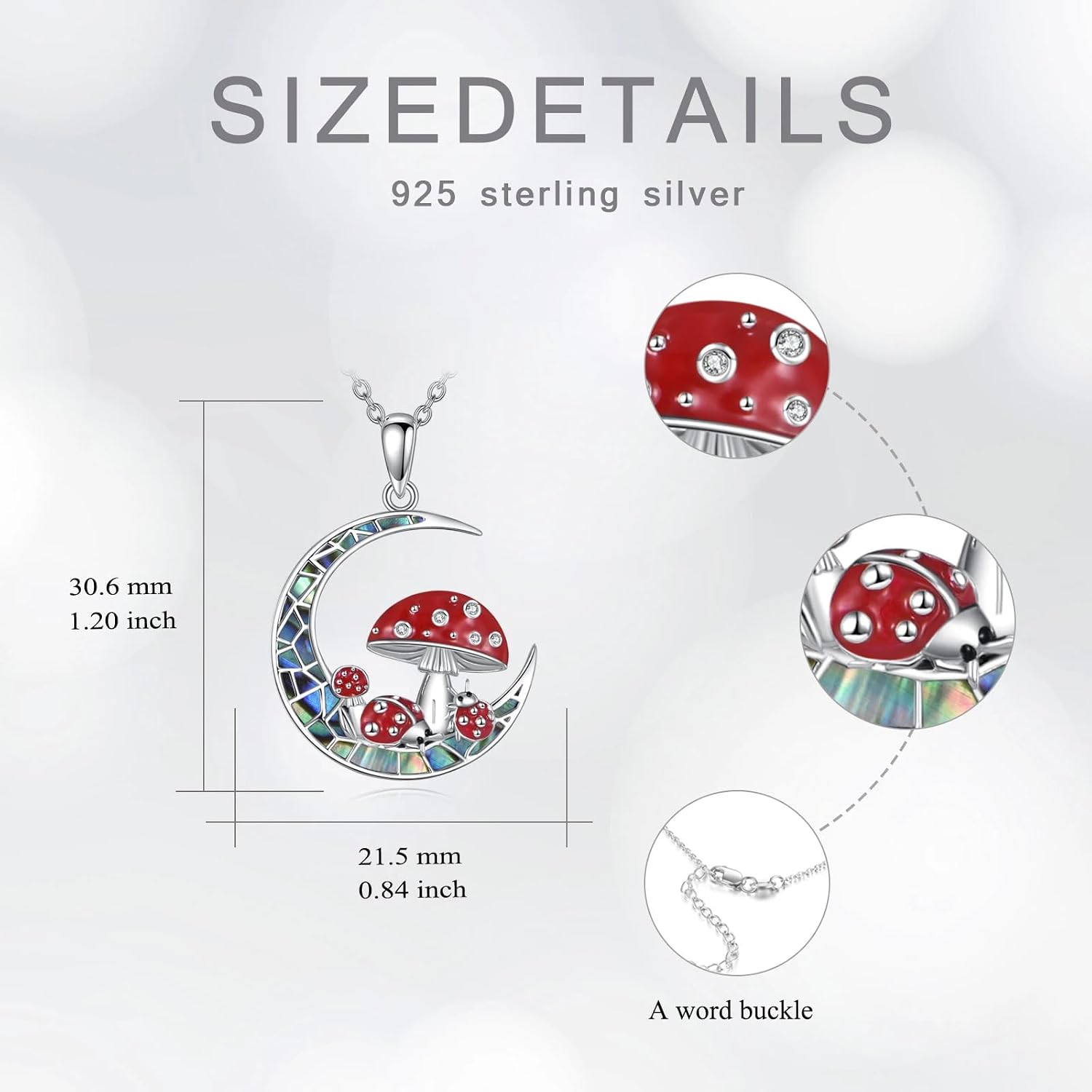 Diamond Moon Mushroom Necklace for Women 925 Sterling Silver Red Mushroom Ladybug Pendant Necklace with Abalone Jewelry Gifts for Mom Wife Sister Friend Christmas Birthday,18+2 inch