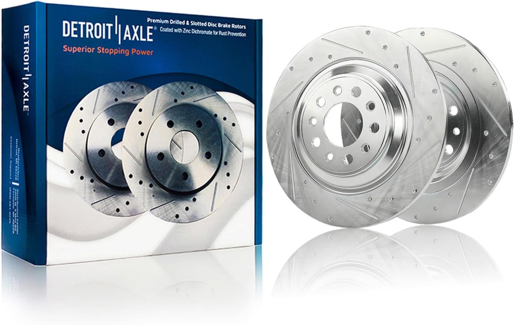 Detroit Axle - AWD Rear Brake Kit for 2014-2023 Jeep Cherokee, Drilled Slotted Brake Rotors Ceramic Brakes Pads Wheel Bearing Hubs 2015 2016 2017 2018 2019 2020 2021 Replacement : 12.60' inch Rotor