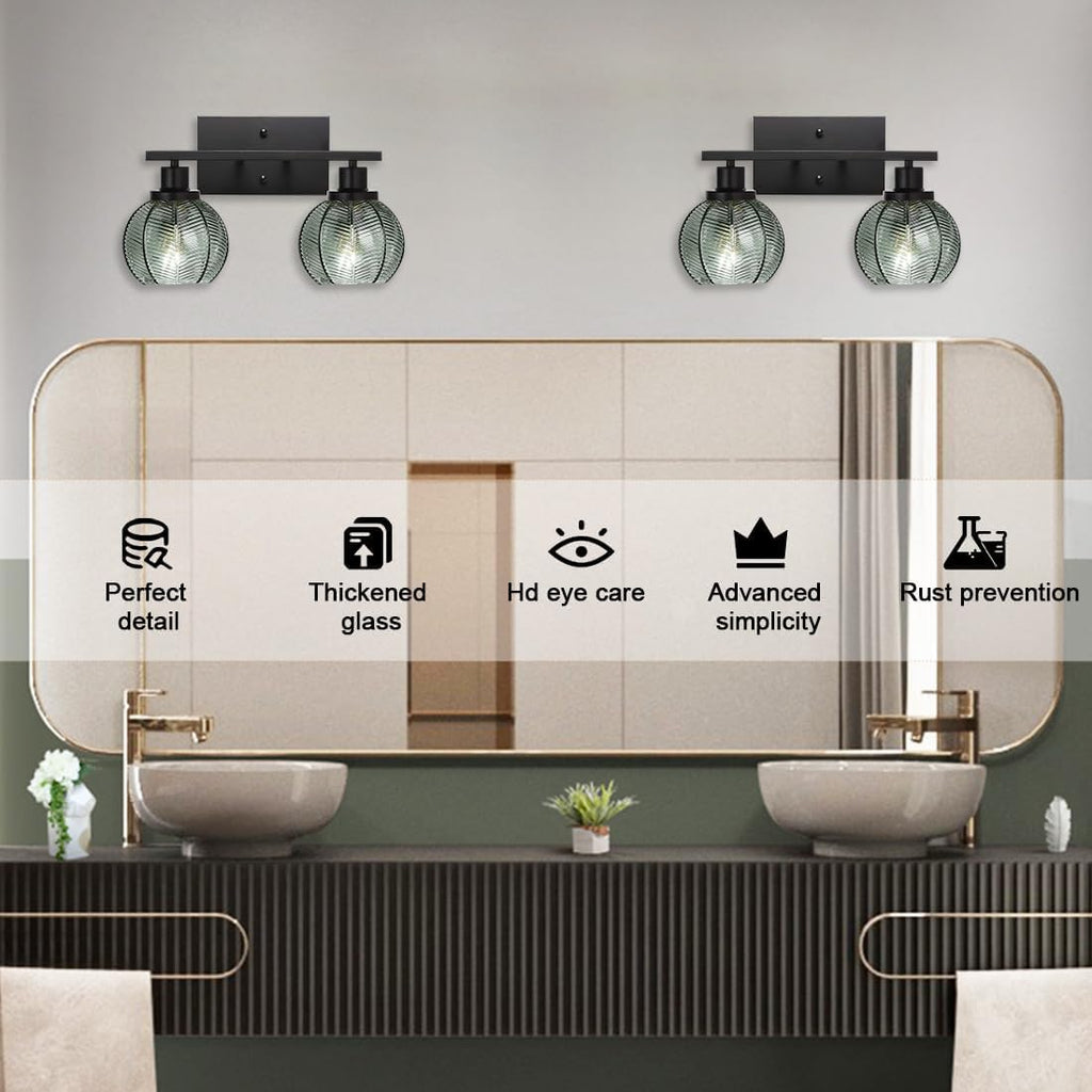 Set of 2 Wall Sconces for Bathroom Modern Vanity Light Fixtures 2-Light Black Wall Sconce with Green Glass Shade Farmhouse Wall Lights for Bedroom Living Room