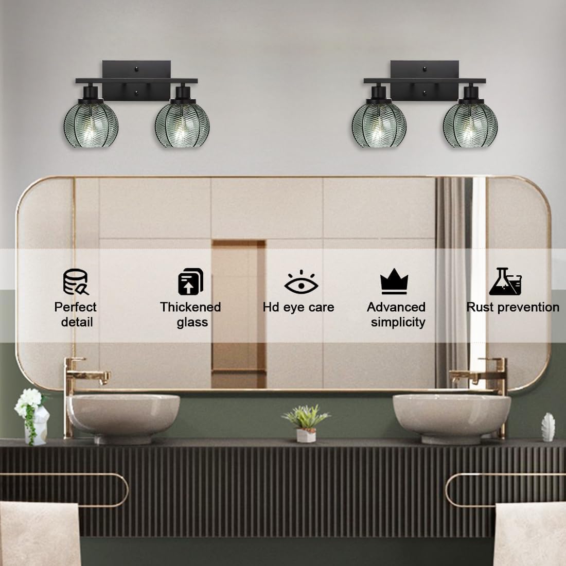 Set of 2 Wall Sconces for Bathroom Modern Vanity Light Fixtures 2-Light Black Wall Sconce with Green Glass Shade Farmhouse Wall Lights for Bedroom Living Room