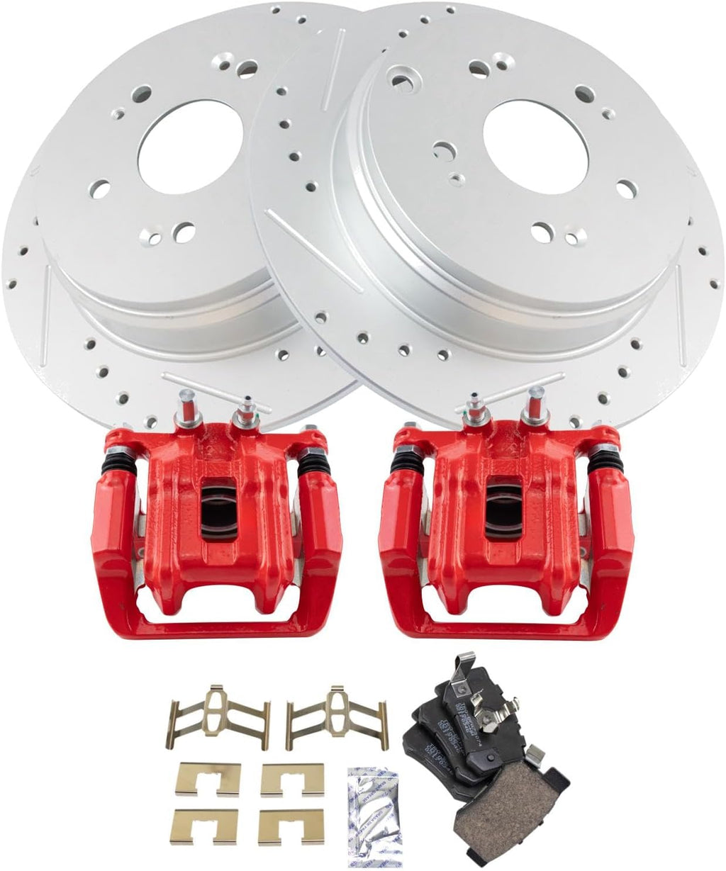 TRQ Performance Rear Brake Pad and Rotor Set Ceramic Slotted Drilled Coated Calipers Compatible with 2010-2012 Acura RDX 2007-2011 Honda CR-V