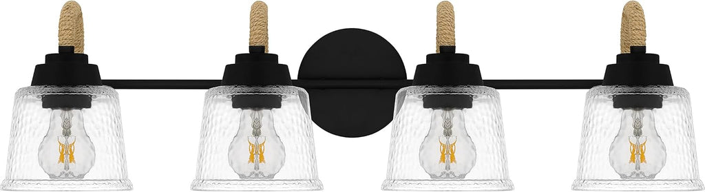 Quoizel Seabreeze Bath Vanity Lights,31 Inch 4-Light Matte Black Coastal-Inspired Lighting Fixtures Over Mirror, Clear Hammered Glass, 100W, Transitional Wall Light for Bathroom, Dresser or Sink