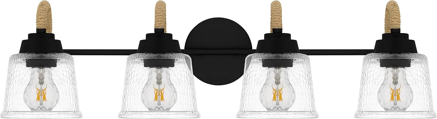 Quoizel Seabreeze Bath Vanity Lights,31 Inch 4-Light Matte Black Coastal-Inspired Lighting Fixtures Over Mirror, Clear Hammered Glass, 100W, Transitional Wall Light for Bathroom, Dresser or Sink