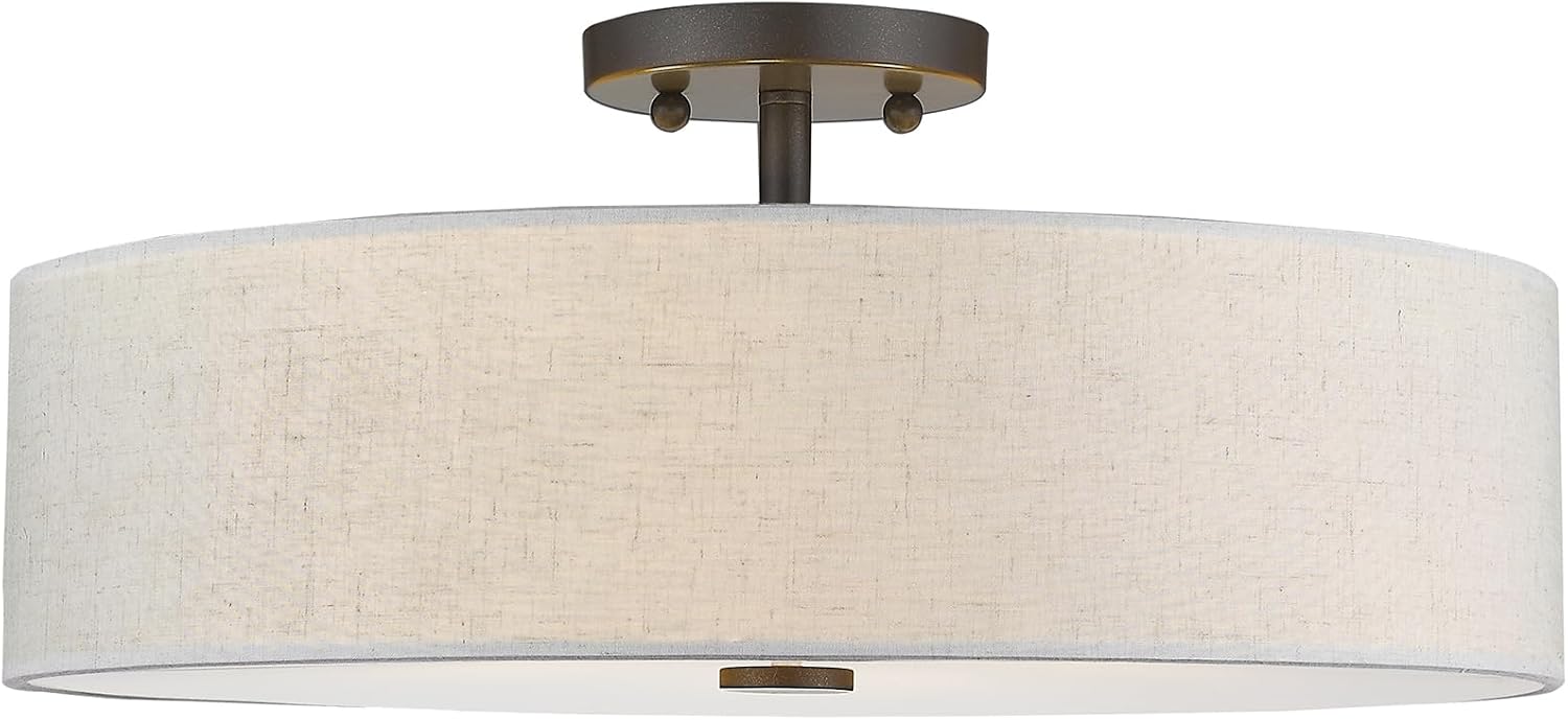 Livex Lighting 52136-92 Meridian Collection 4-Light Transitional Ceiling Mount Fixture with Oatmeal Color Fabric Hardback Shade, English Bronze