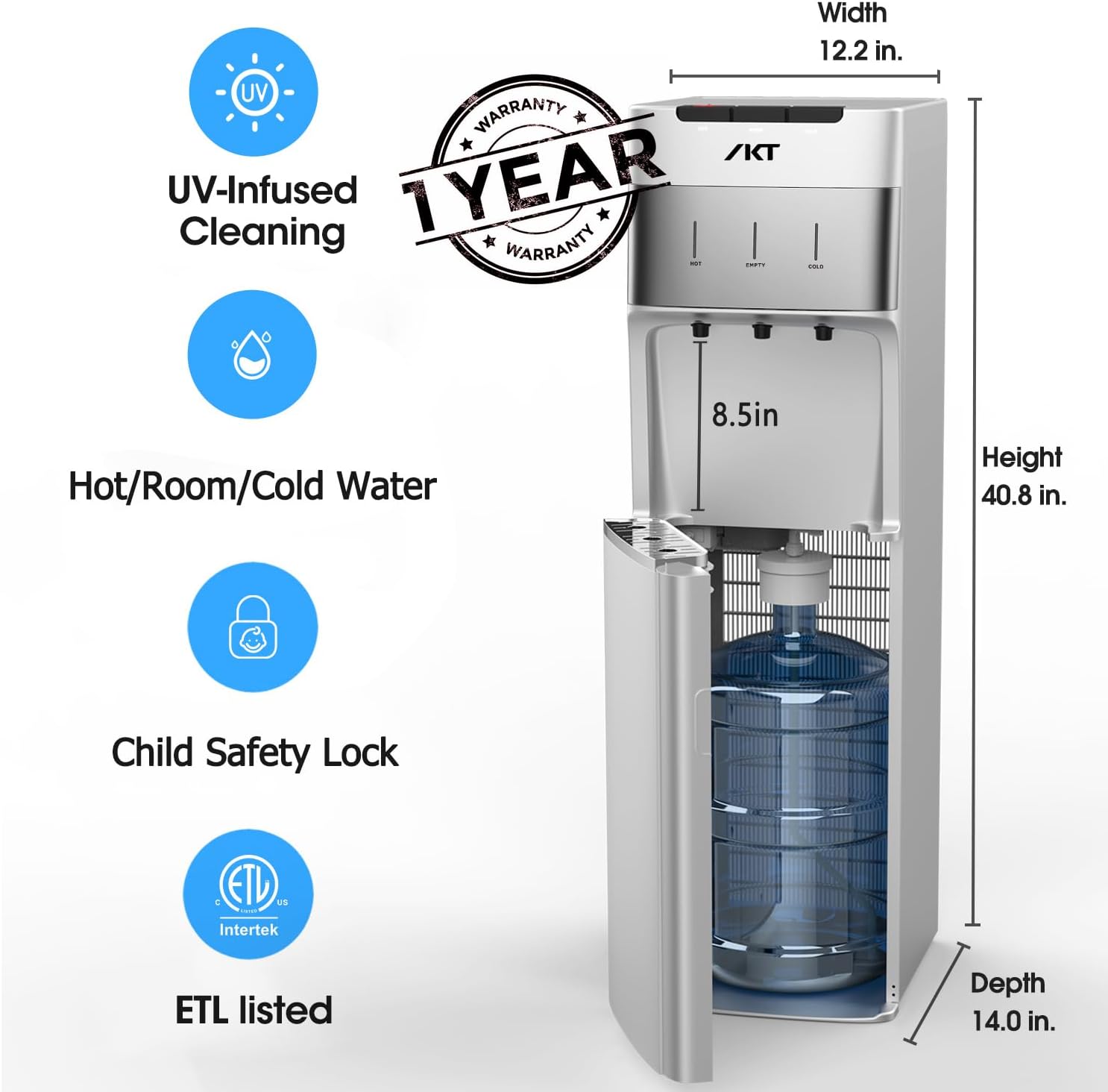 IKT Self-Cleaning Water Cooler Dispenser Bottom Load for 3-5 Gallon Bottle with Child Safety Lock LED Display Light Perfect for Home Silver
