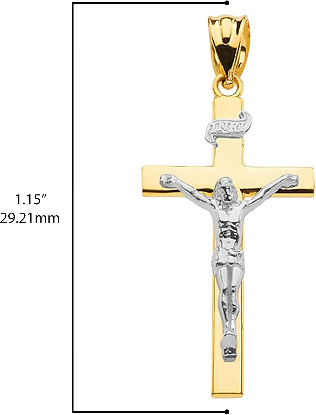 10K Two Tone Gold Linear Cross 1.15' INRI Crucifix Charm Pendant Necklace Religious Jewelry - Choice of Chain Lengths
