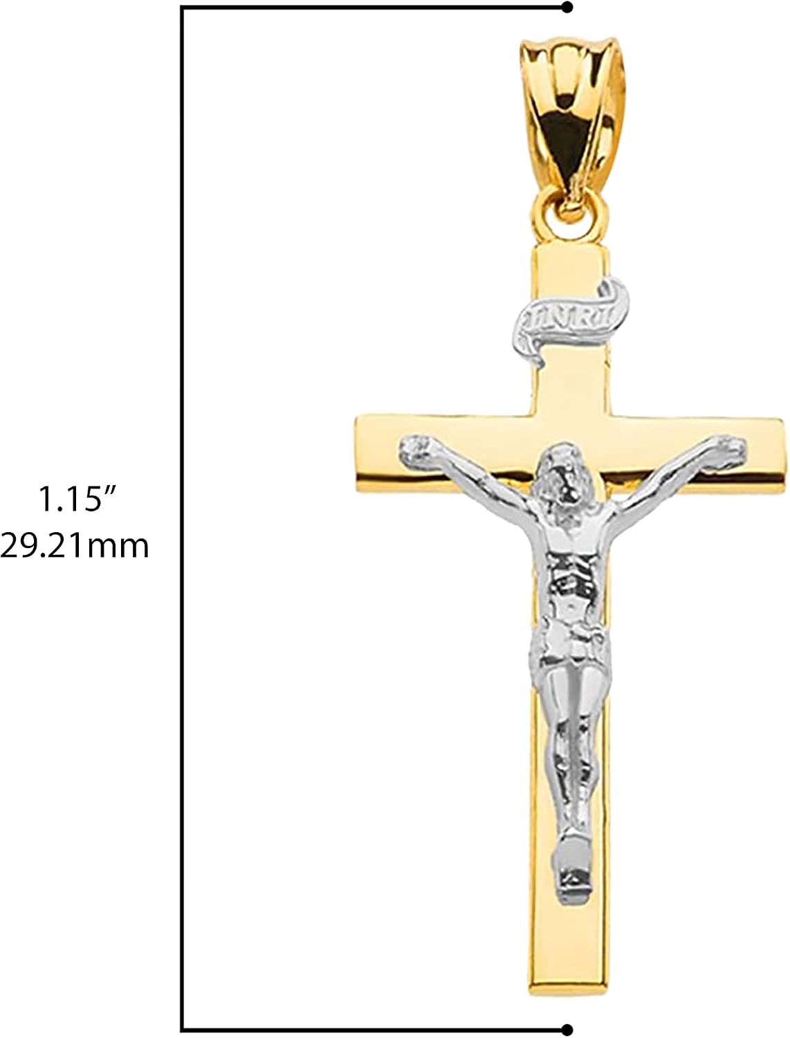 10K Two Tone Gold Linear Cross 1.15' INRI Crucifix Charm Pendant Necklace Religious Jewelry - Choice of Chain Lengths