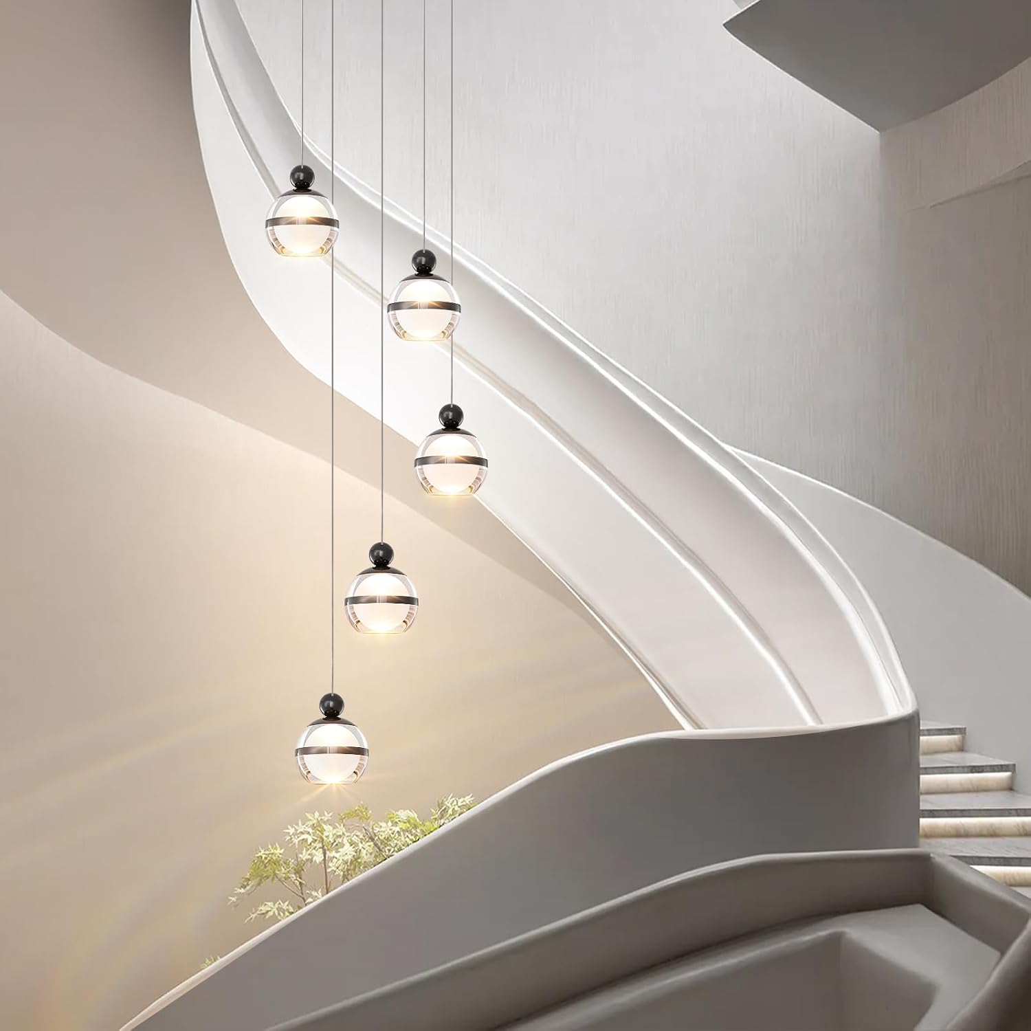 5-Light Black Chandelier, Modern Chandeliers for High Ceilings Globe LED Hanging Light Chandelier for Staircase Foyer Living Room Entryway Dining Room 3000K