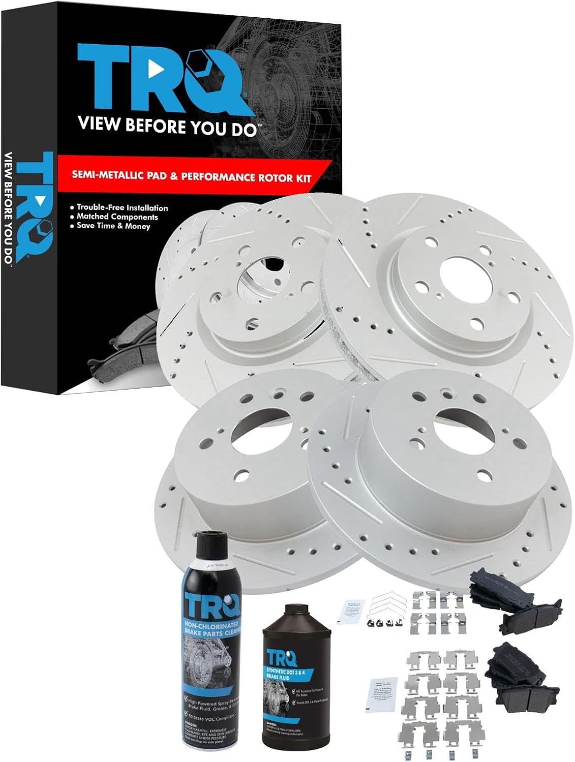 TRQ Front & Rear Brake Pad & Rotor Kit Performance Semi-Metallic Premium G-Coated Slotted X Drilled Compatible with 2013-2018 Lexus ES300h ES350 Toyota Avalon 2012-2017 Camry