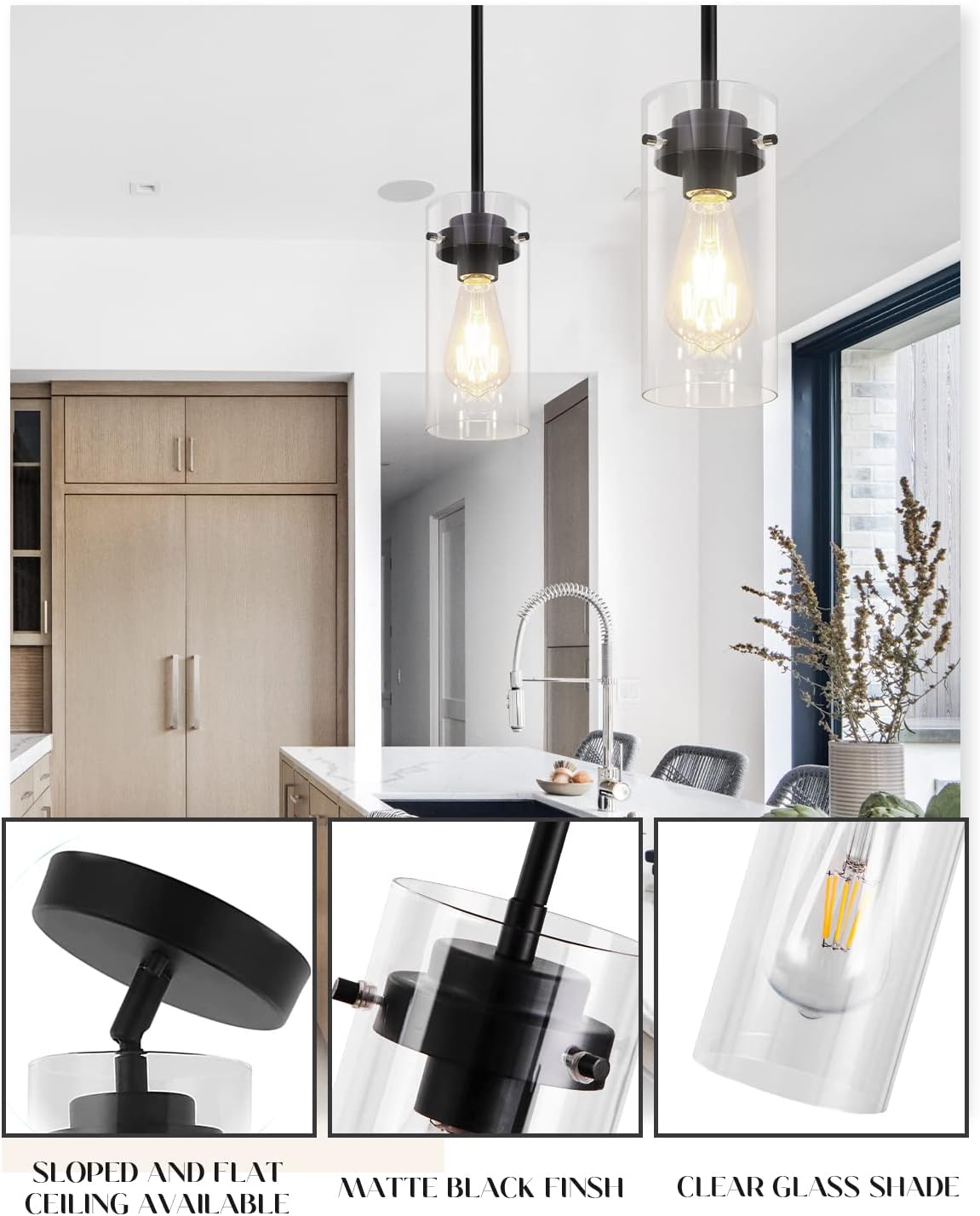 EAPUDUN Pendant Lights Kitchen Island (3 Pack), Clear Glass Shade Kitchen Lighting fixtures Ceiling Hanging, Black Pendant Lights for Kitchen Island,Dining Room,Corridor Bedroom E26 Base